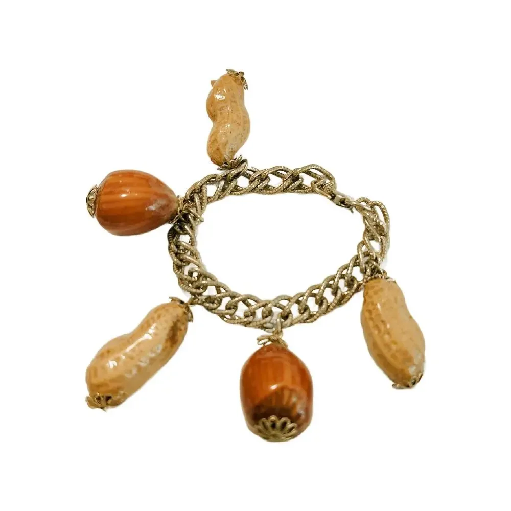 Vintage Gold Tone Peanut Hazelnut Charm Bracelet, 7